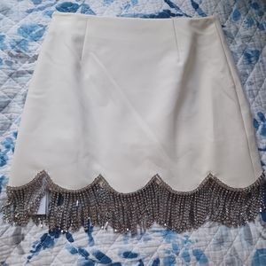 AREA Crystal Fringe Ivory Mini Skirt
